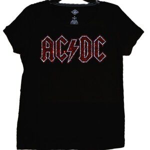 AC/DC Women's Black Rhinestone Logo t shirt - Red Accent Large